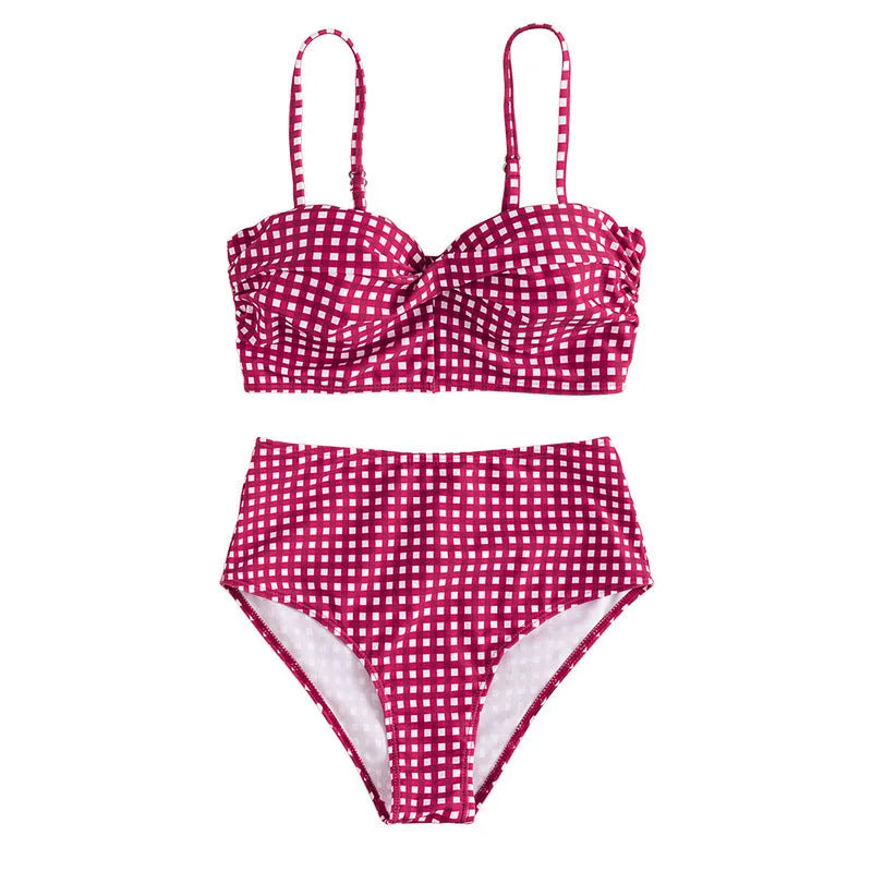 Women's high-waist plaid bikini swimsuit in rose red with separate top and briefs