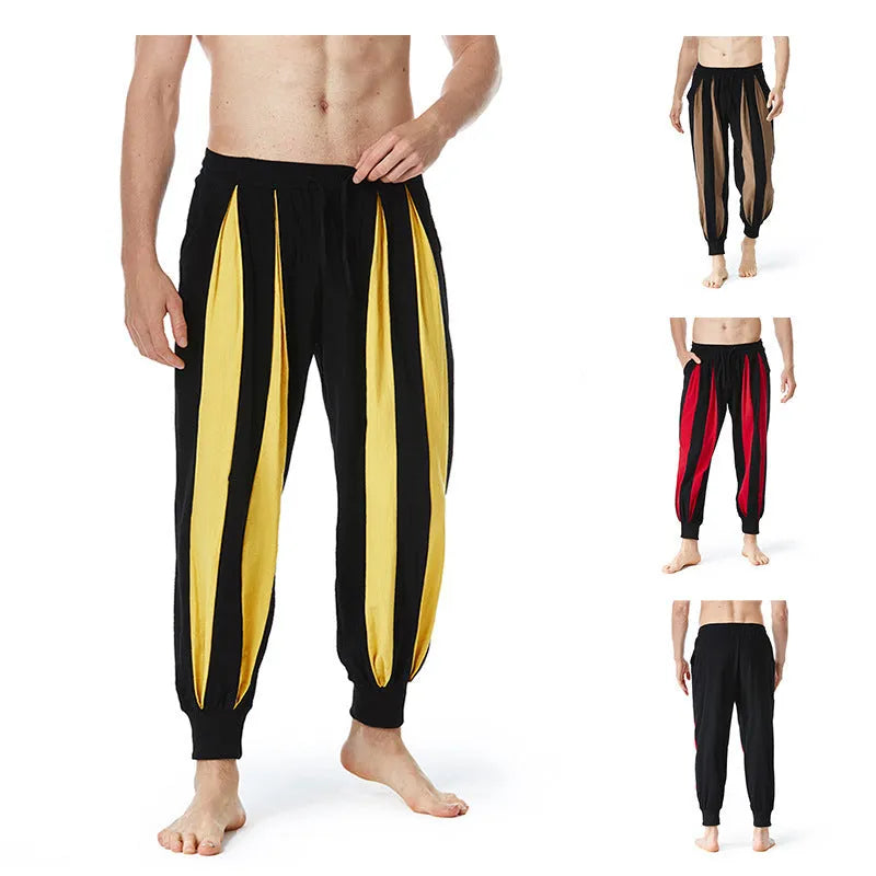 Men's straight leg casual trousers in polyester fabric available in red, khaki, yellow and brown colours