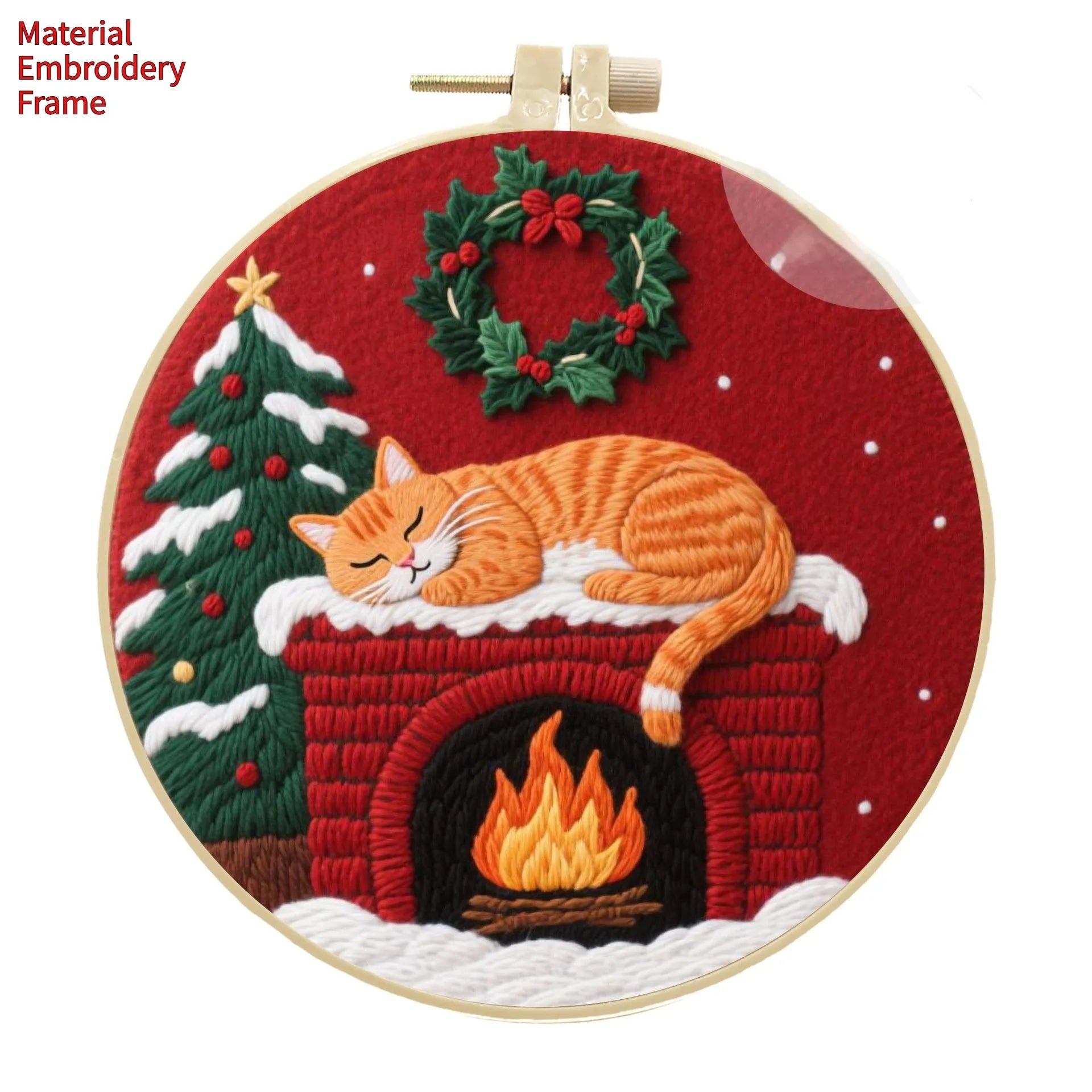 Cat embroidery DIY material package with autumn fruit designs on cotton linen fabric and 20cm bamboo frame