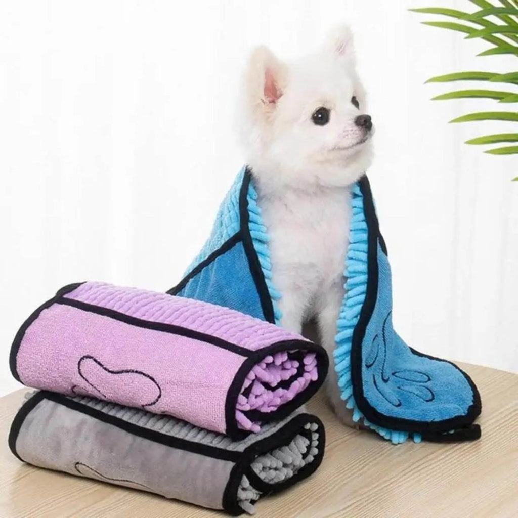 Microfibre pet bath robe towel for dogs and cats in blue, grey, purple or red
