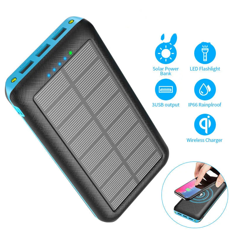 Solar power bank with wireless charging surface, three USB ports, and LED flashlight in black colour
