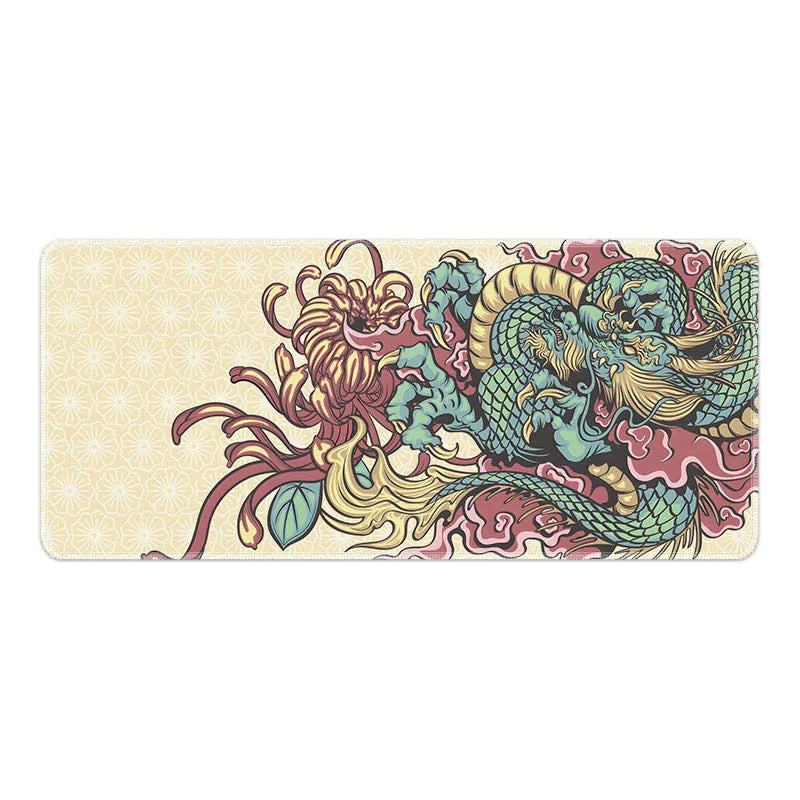 Cloth esports mouse pad with detailed floral dragon design on a desk, showing non-slip base.