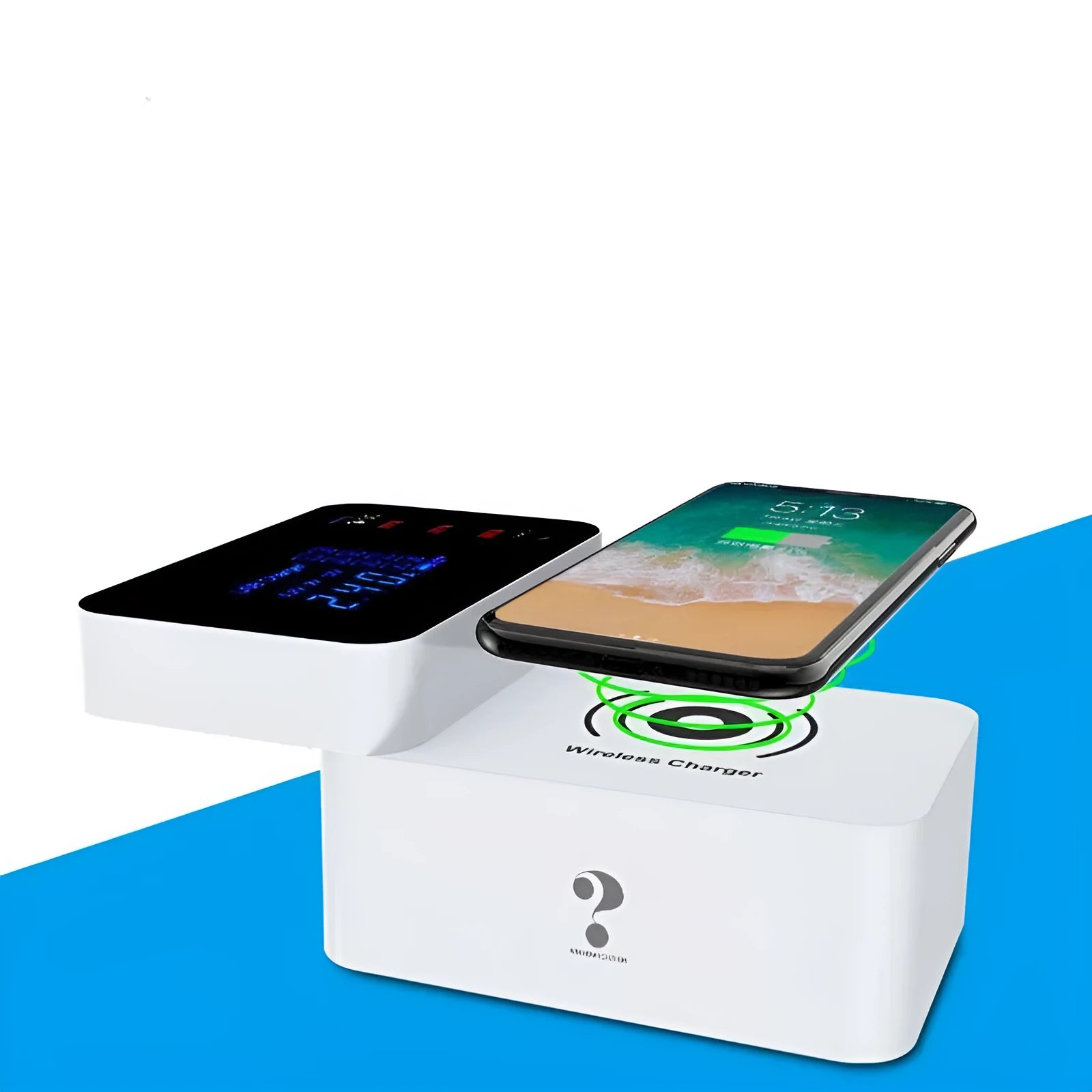 White multi-port wireless charger with USB ports measuring 64.5x98.6x56.5mm