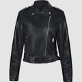 Women's black PU leather motorcycle jacket with lapel collar and a short belt fastened.