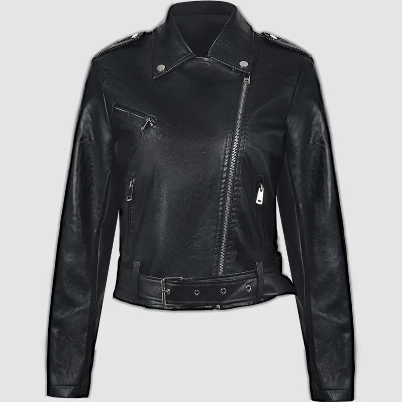 Women's black PU leather motorcycle jacket with lapel collar and a short belt fastened.