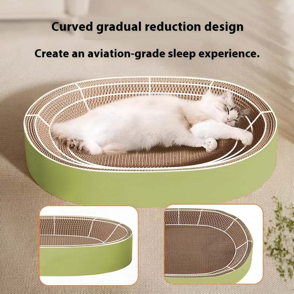 Green oval corrugated paper cat scratch board and nest bed, 55 cm in diameter.