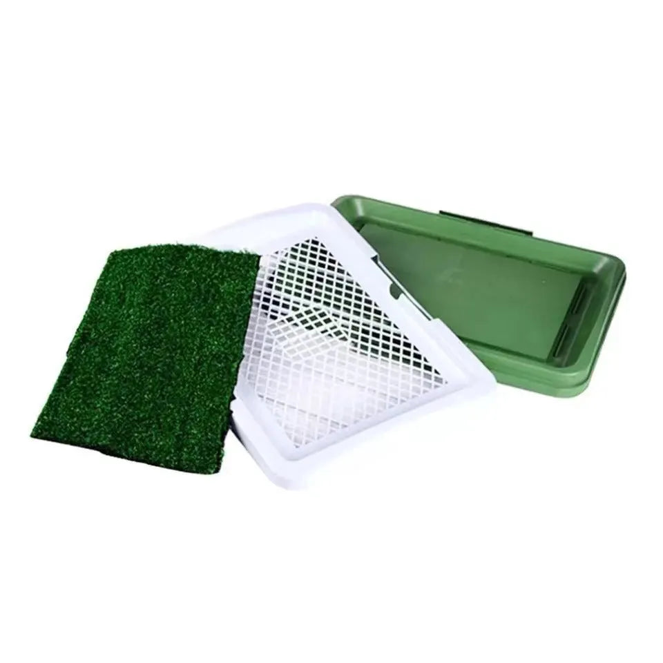 Green artificial grass dog toilet tray with three layers for indoor puppy potty training.