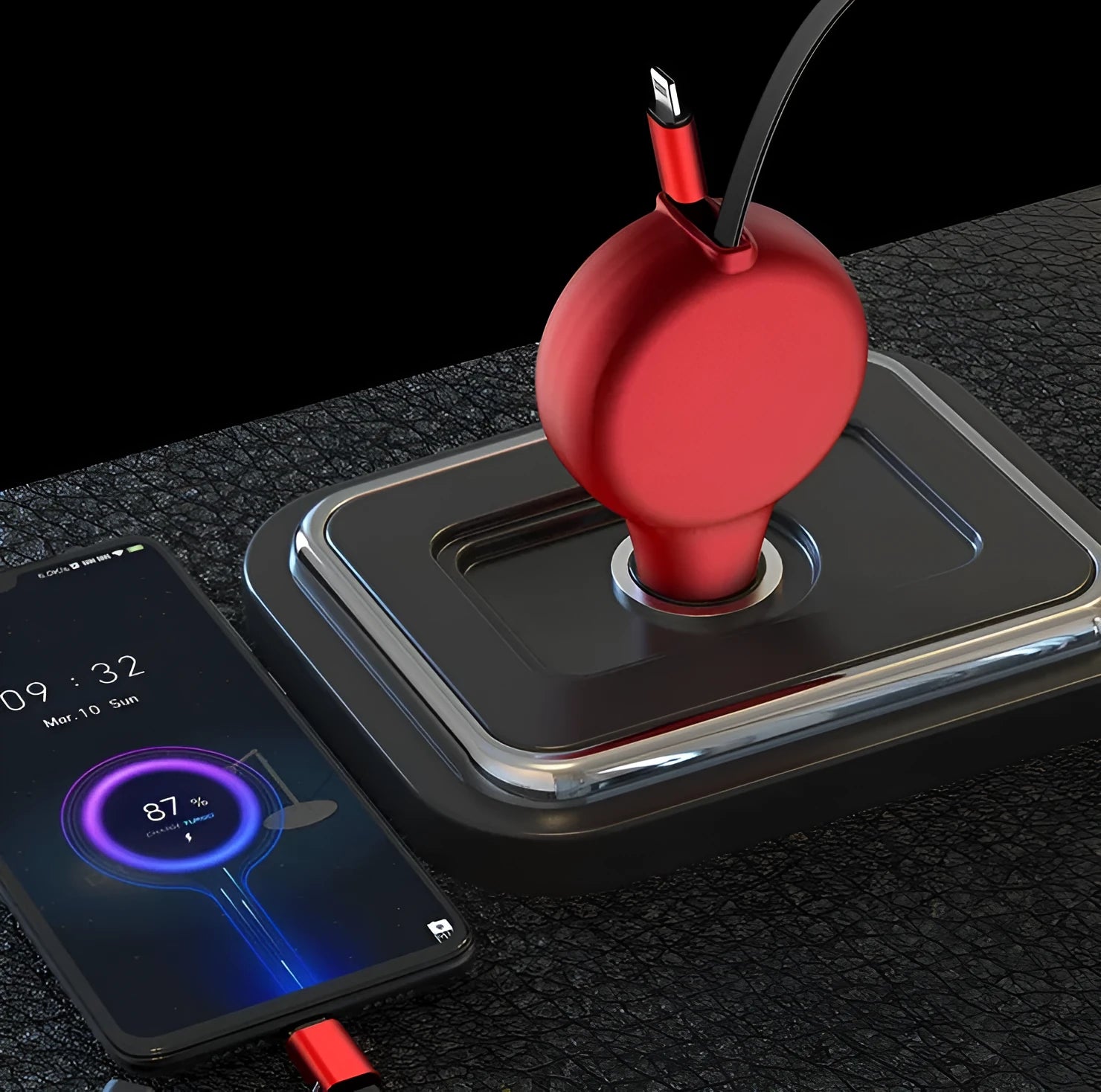 Black retractable car charger with extended charging cables showing three different charging head types