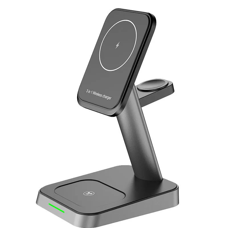 Black vertical cube-shaped wireless charger with phone and watch dock, showing 10000mAh power bank capacity.