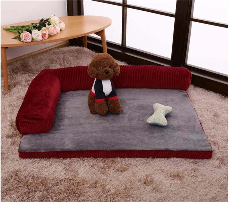 Corduroy dog bed sofa showing coffee colour option with non-slip base and four size variations