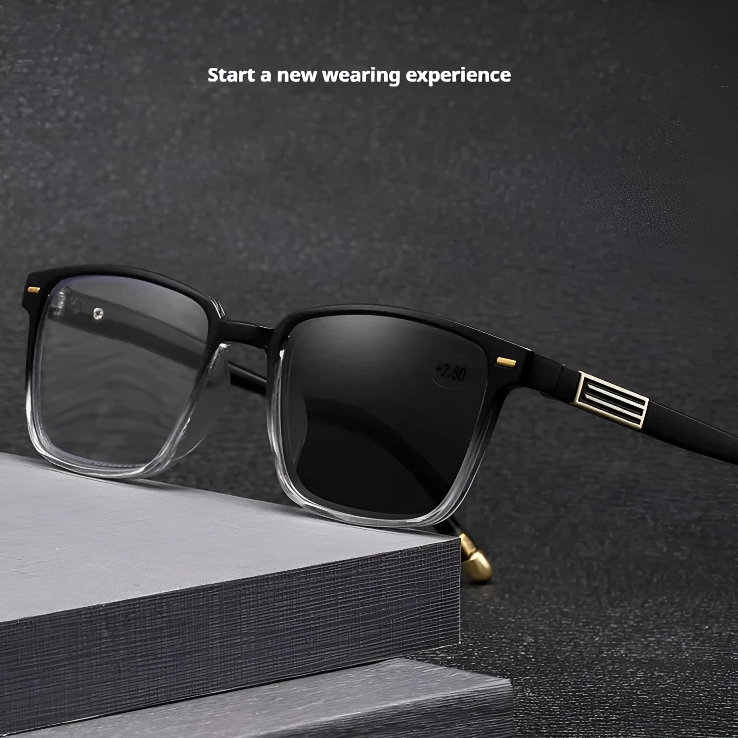 Multifocal blue light reading glasses with photochromic lenses in a black and silver frame style.