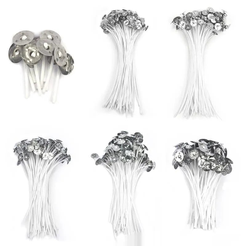 White cotton candle wicks in three lengths - 2.6cm, 6cm, and 8cm - for DIY candle making
