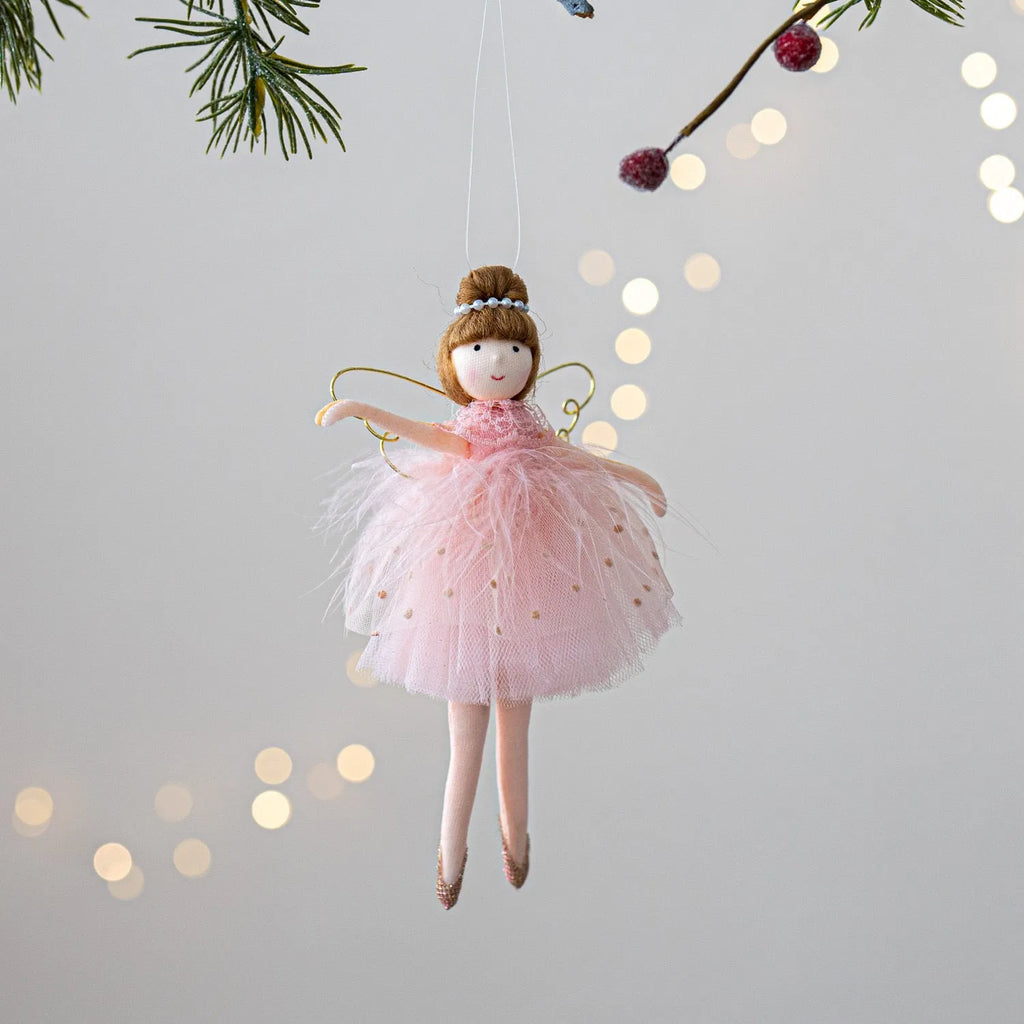Pink cloth ballet girl plush doll with angel wings and pendant design on white background
