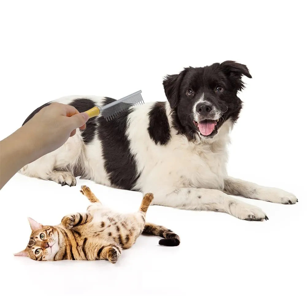Wooden handle pet grooming comb for dogs and cats in single, double, and high-low tee designs.