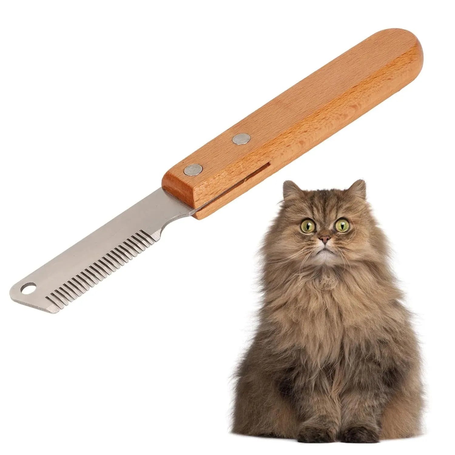 Pet stripping comb with wood handle for removing floating hair from cats and dogs