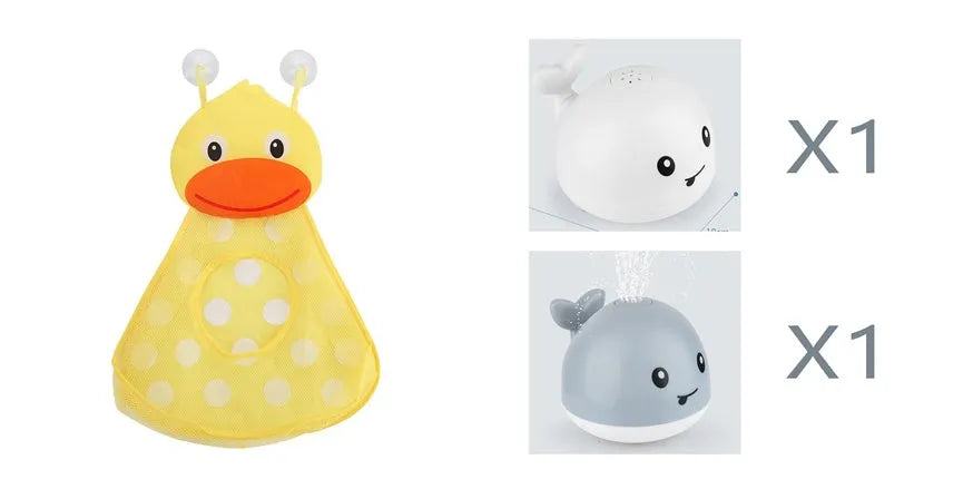 Whale-shaped baby bath toy with automatic water spray and colourful lights floating in water.