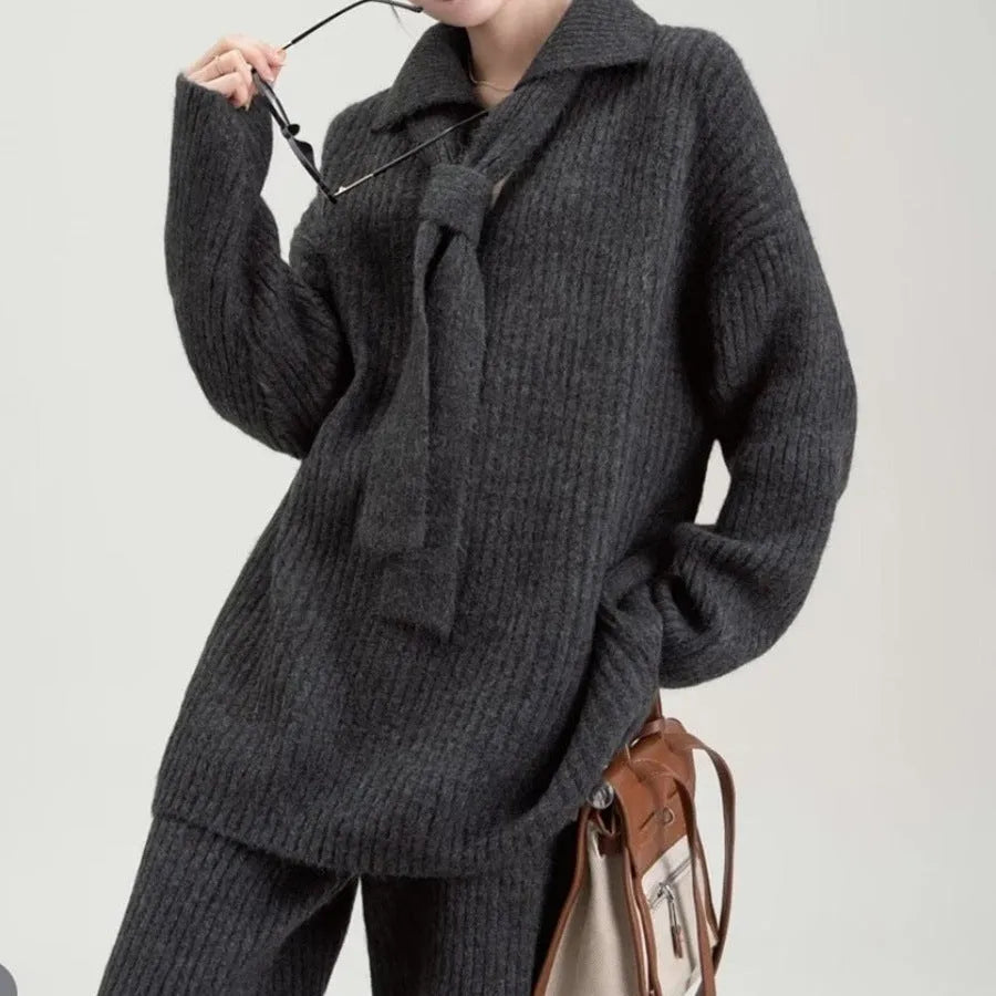 Women's sweater suit two-piece set with knitted top and casual trousers in neutral colours