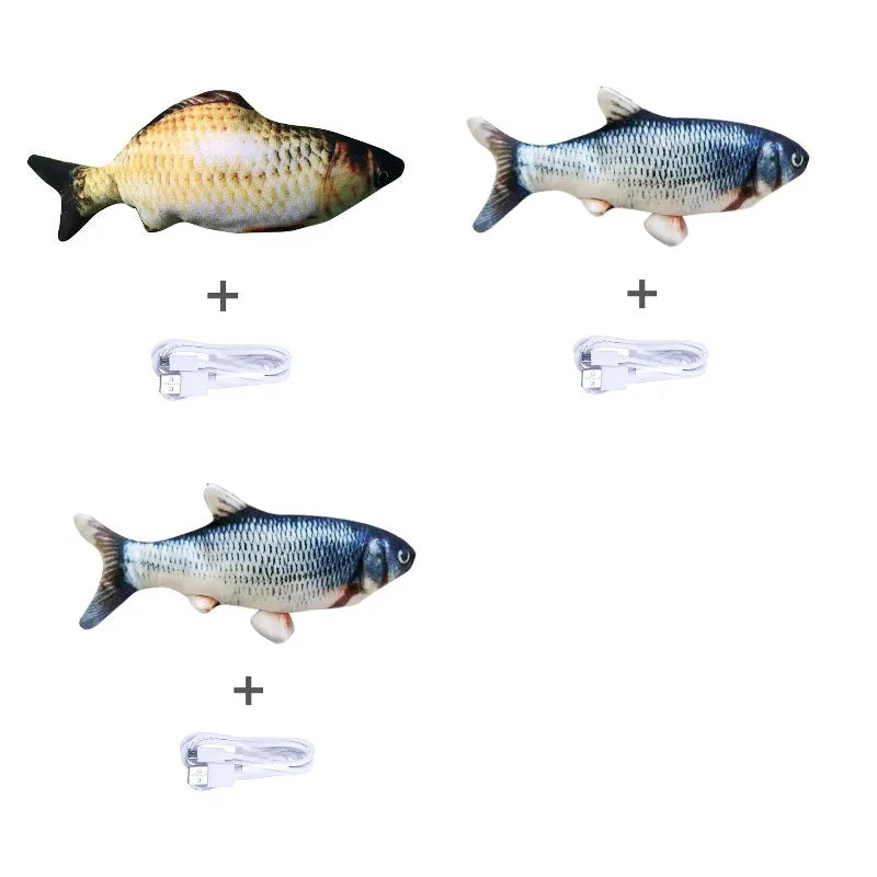 Multicolour electronic fish cat toy measuring 30cm with USB charging cable