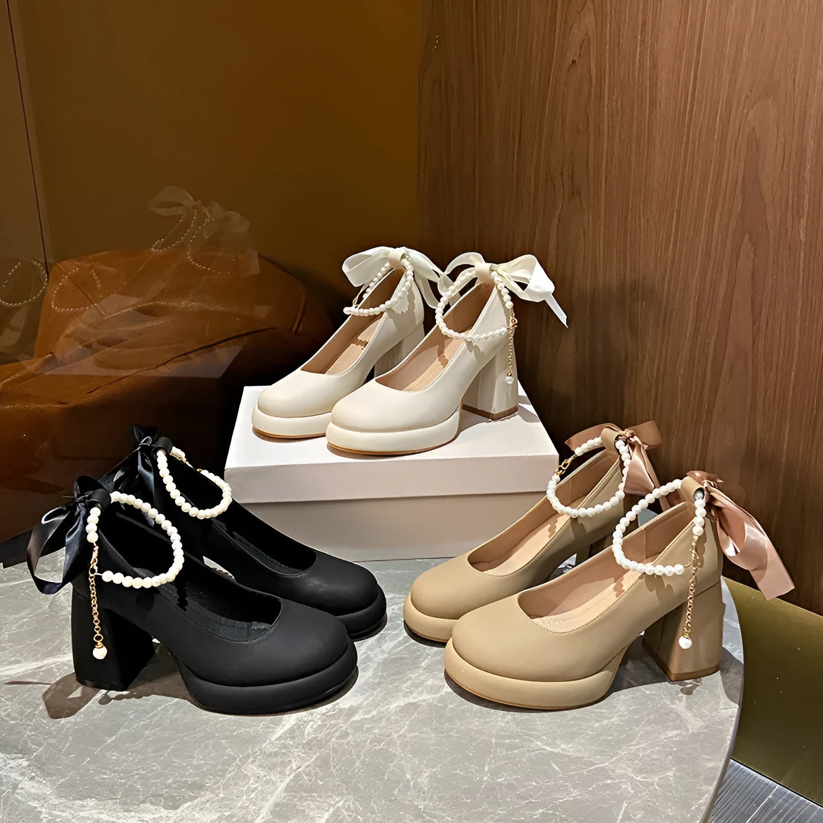 Women's beige Mary Jane shoes with chunky heel and pearl ankle-strap buckle on round toe design