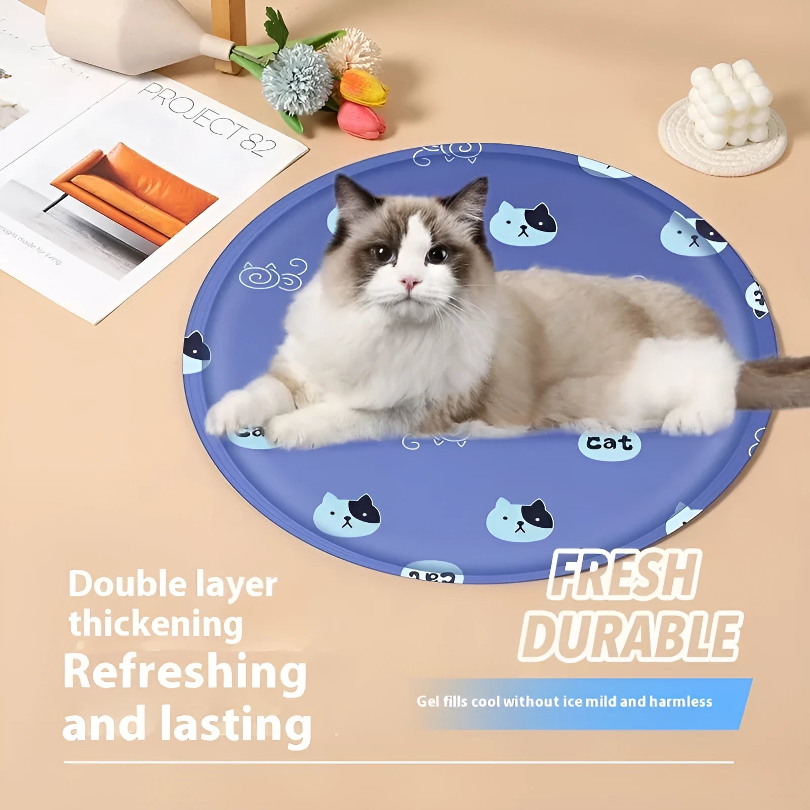 Round pet cooling mat with cartoon dog design, gel-filled for summer heat relief.