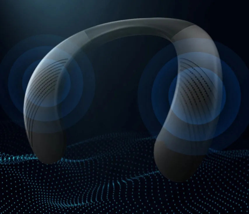 Black wearable hanging neck Bluetooth speaker with 3D surround sound and IPX4 waterproof rating