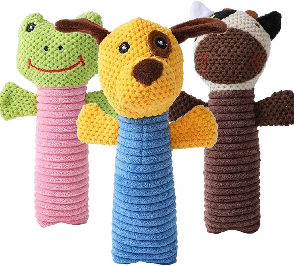 Soft plush dog squeaky chew toy in animal shapes including a calf, frog, and puppy, shown with scale for its 19cm by 5cm size.