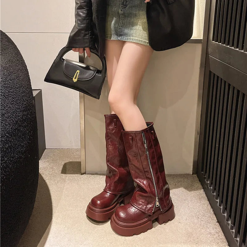 Women's platform Martin boots with a high sock, square heel, and artificial PU upper in black, brown, or wine red.