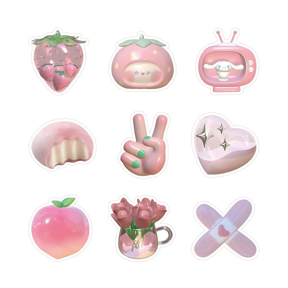 Pack of 63 cute pink heart decorative stickers with realistic 3D print on a sheet.