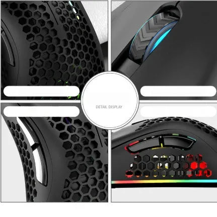 BM600 hollow out wireless gaming mouse with RGB lights in cyan colour on a desk
