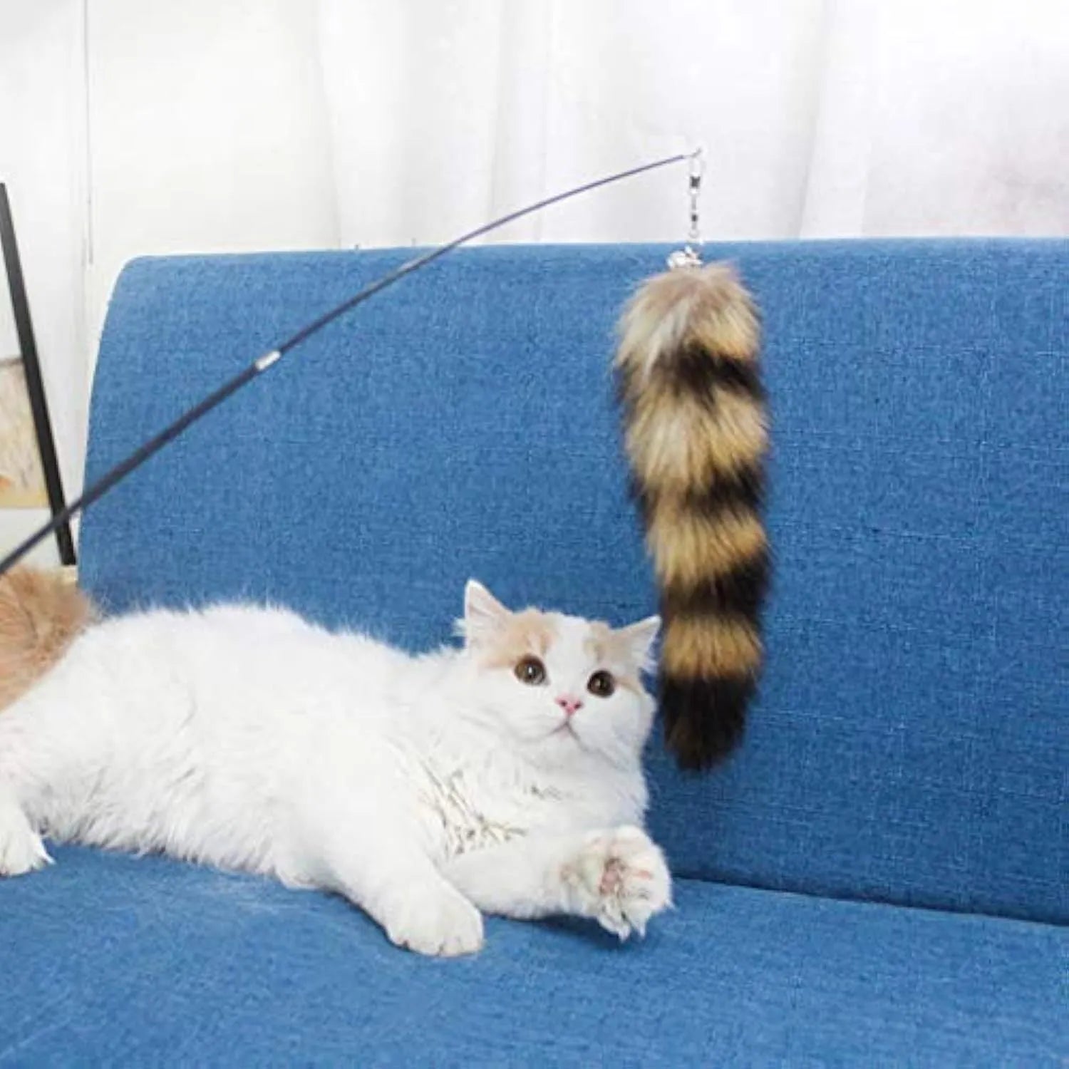 Black cat toy wand with elastic string measuring 42 cm for interactive play