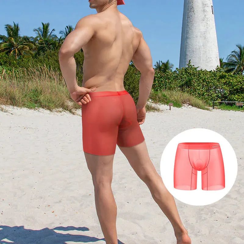 Men's low waist boxer underwear in orange, pink and red colours made from breathable ice silk nylon fabric