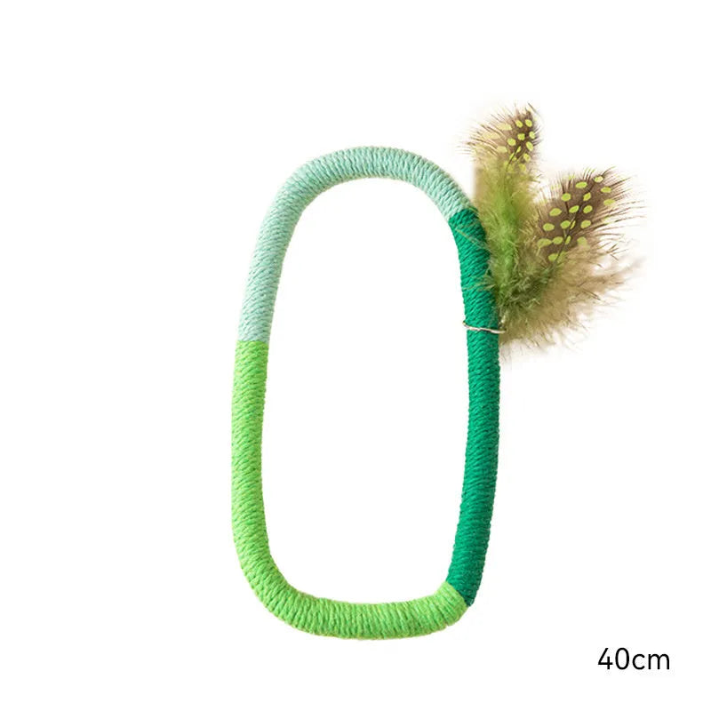 Circular green cotton rope cat toy with feathers and catnip for chewing and interactive play