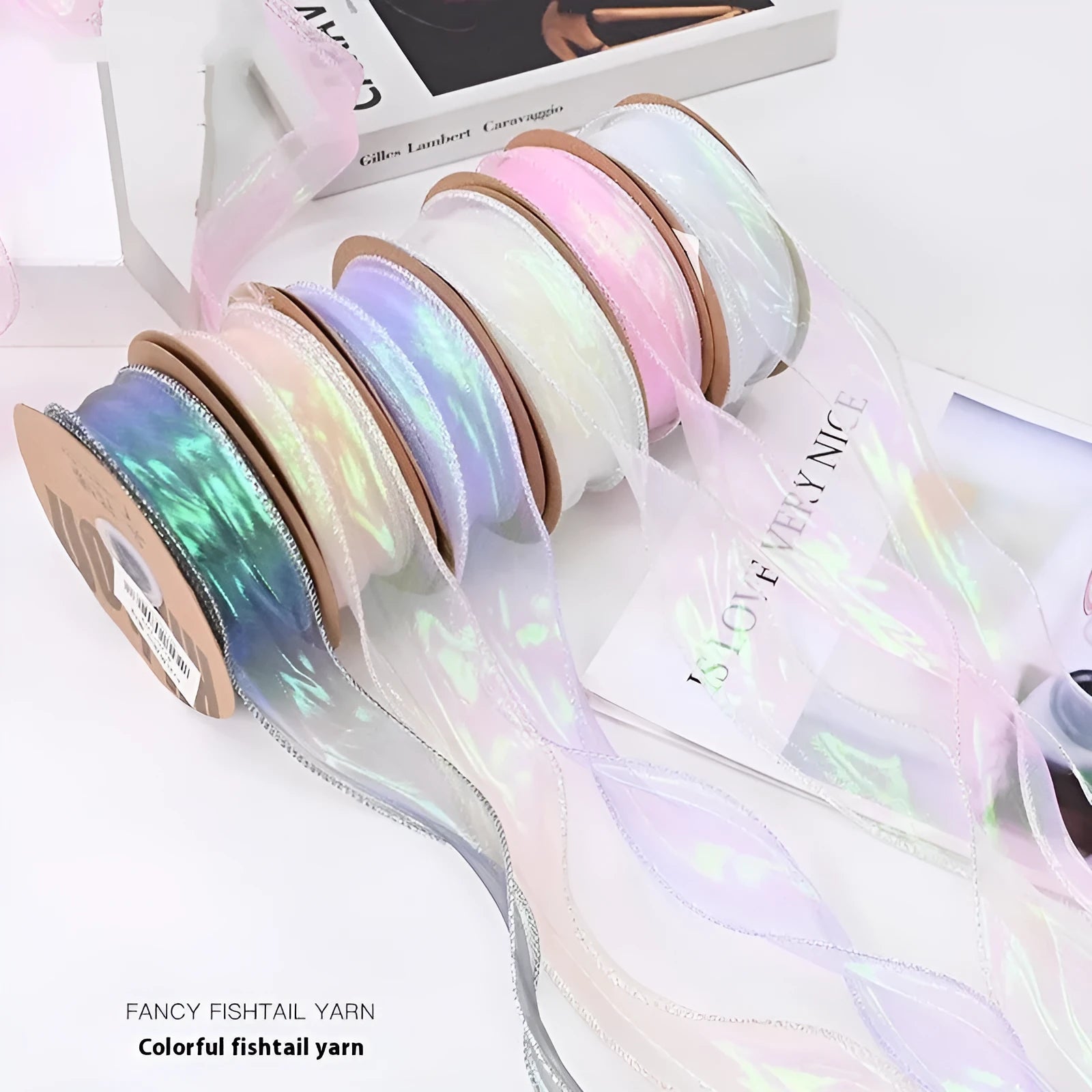 Fishtail yarn decorative ribbon in mesh material with colourful wave pattern, 4cm width