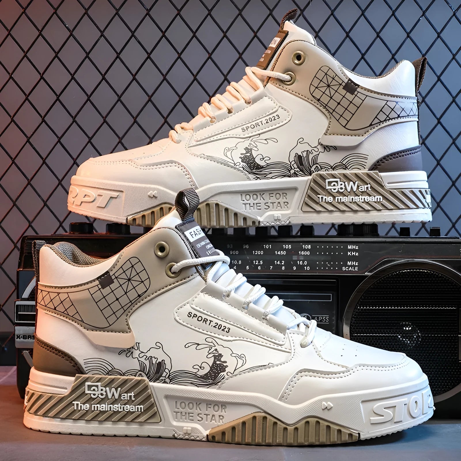 Men's beige board shoes with lace-up front and high-top design on flat rubber soles