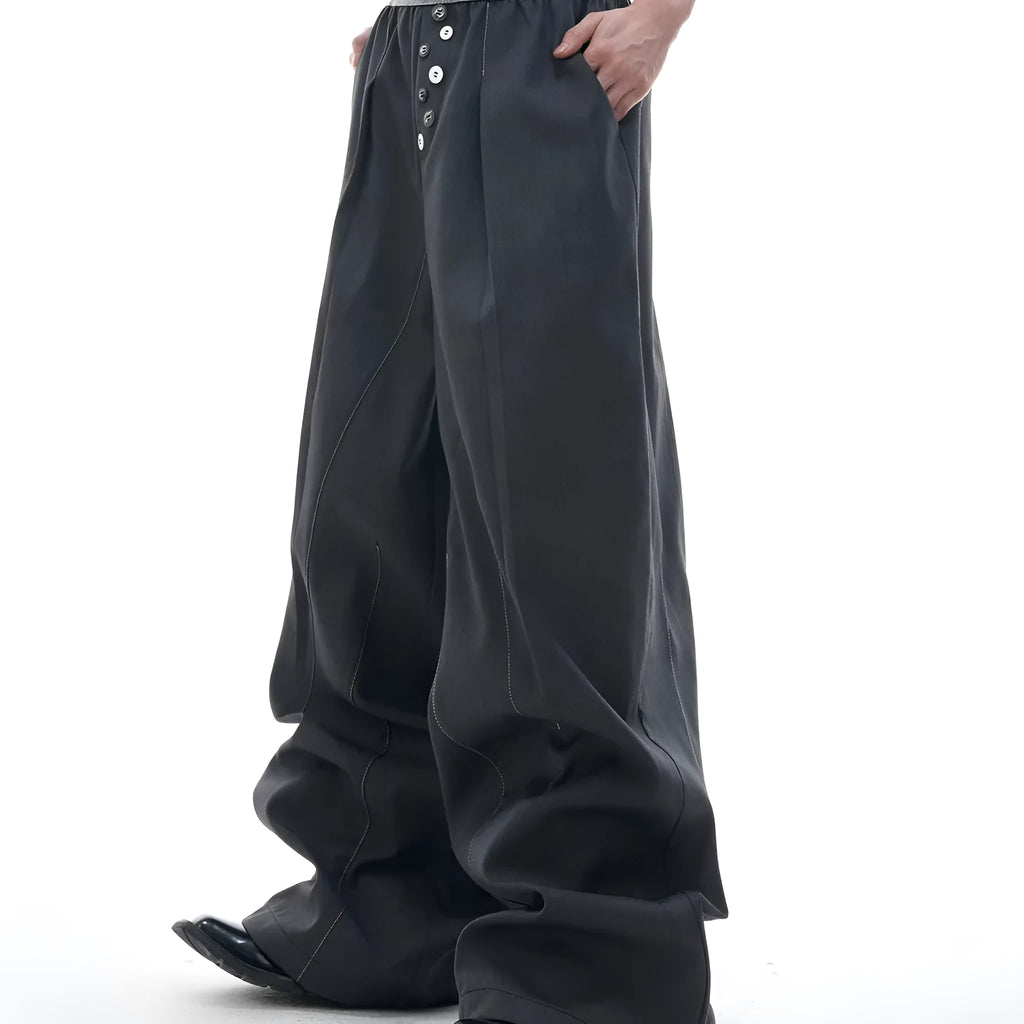 Straight-leg casual trousers with button-open line design in black and grey colours