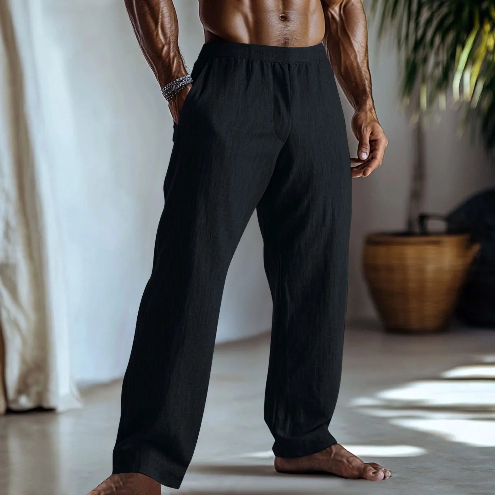 Cotton and linen straight leg casual trousers in British style with pocket details