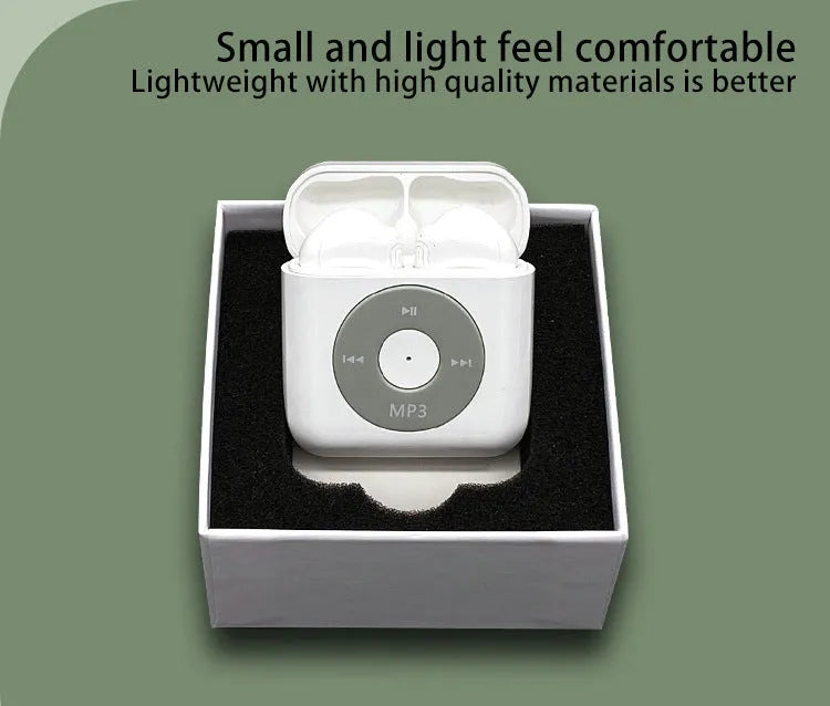 White wireless Bluetooth earphones with semi in-ear design and a matching charging case on a table.