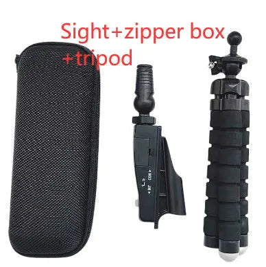 Golf putter laser aiming instrument showing four style configurations with laser sight, zipper box, and tripod accessories