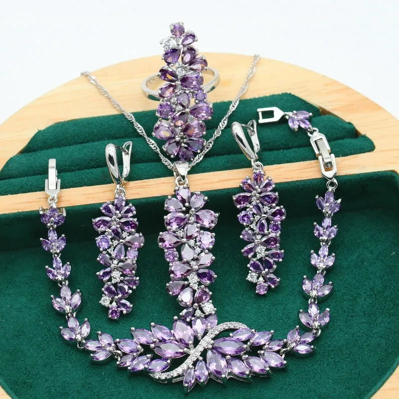 Retro jewellery set with plant pattern design showing necklace, bracelet, earrings, and ring in alloy and copper zircon