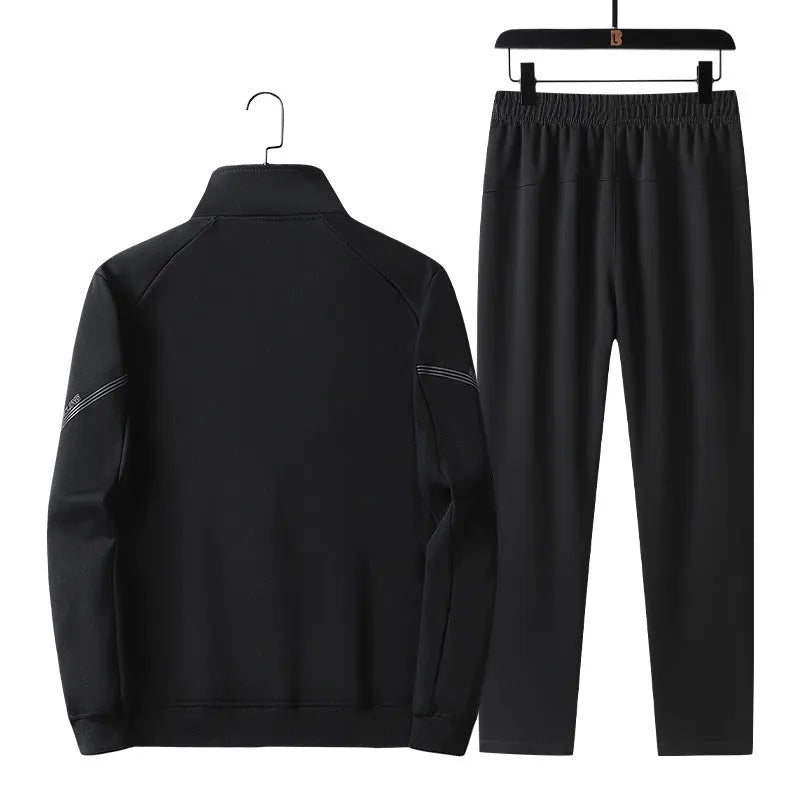 Men's plus size knitted cotton sports suit in black with long-sleeve jacket and trousers for outdoor spring autumn leisure
