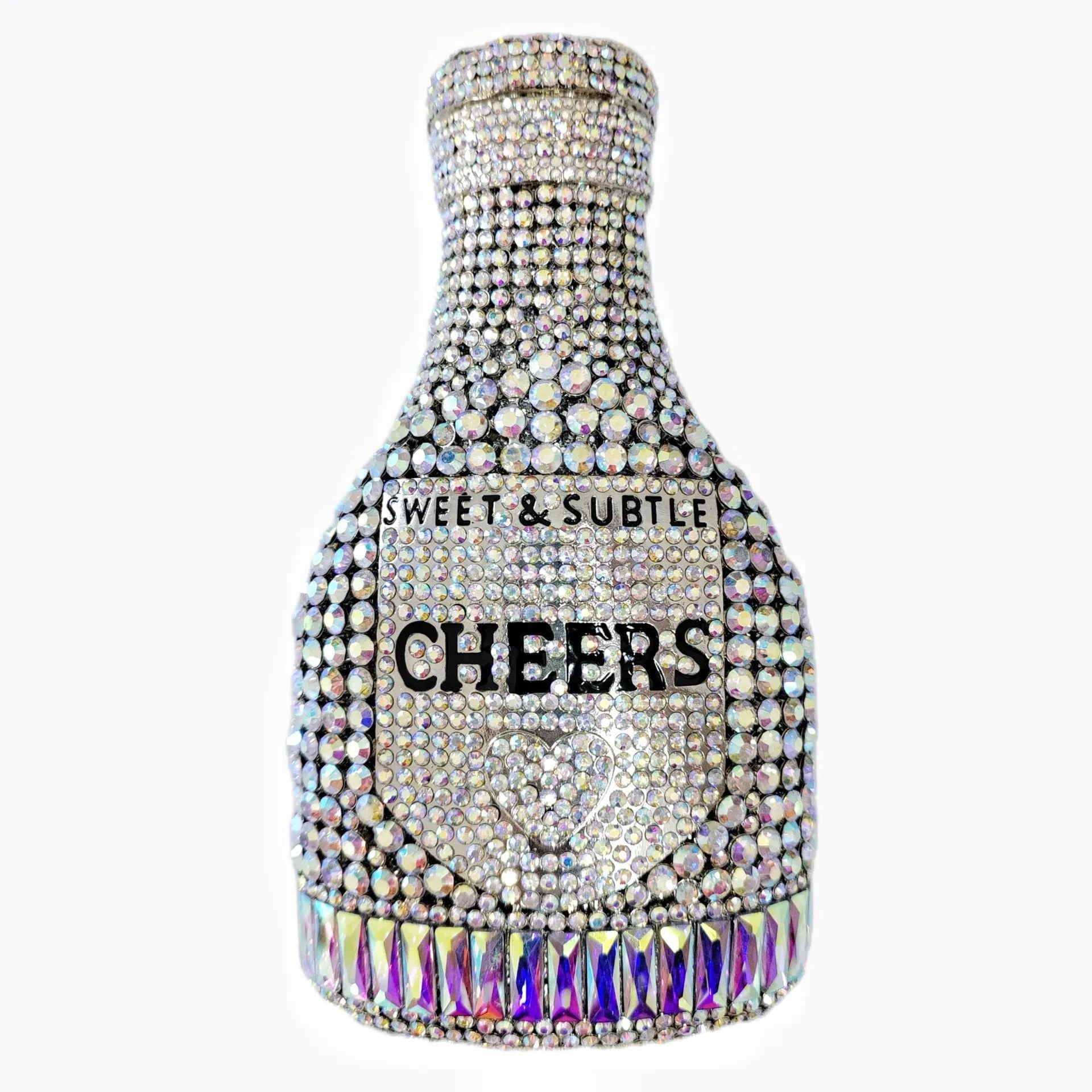 Gold rhinestone evening clutch bag shaped like a champagne bottle with a hard frame.