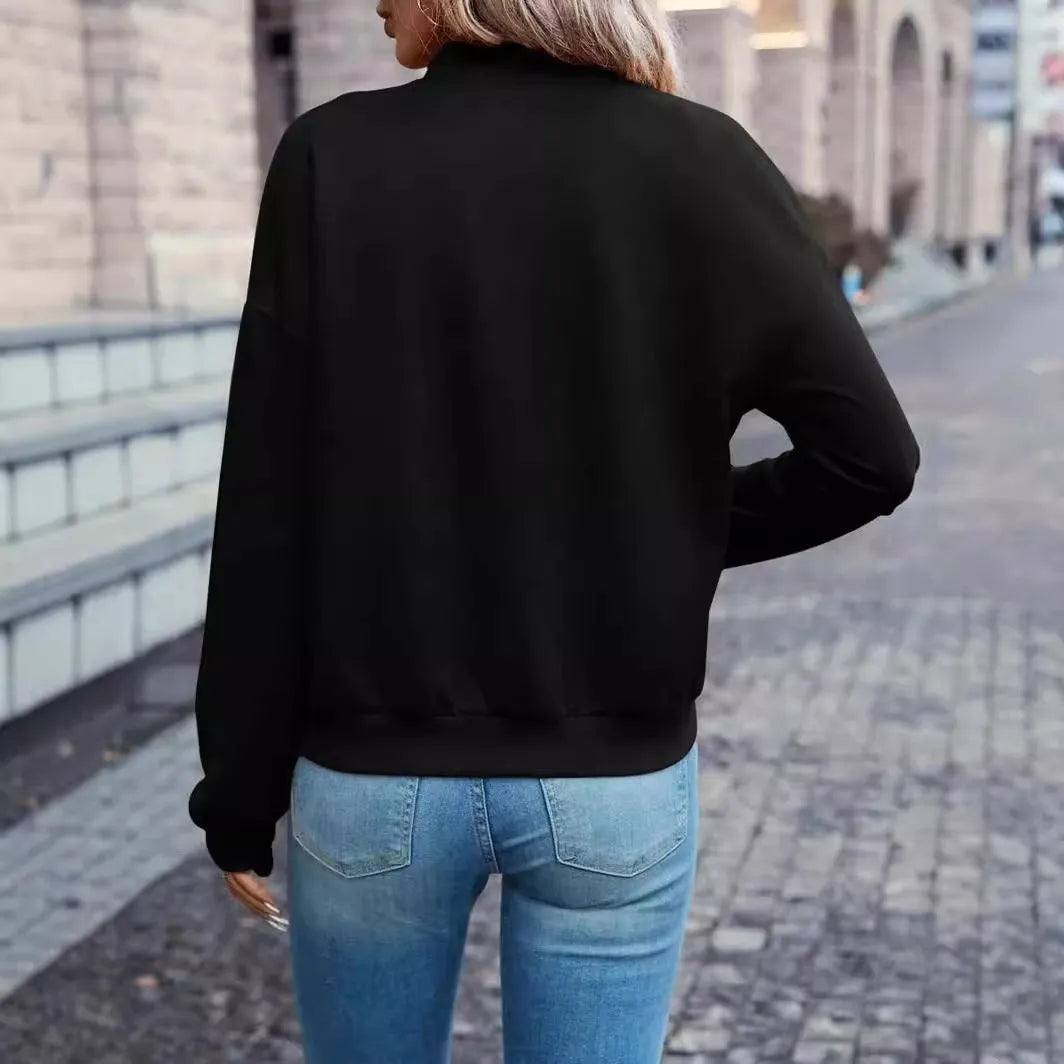 Black women's long sleeve zip jacket with faux pockets in a casual Korean style.