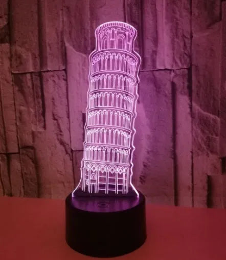 Leaning Tower of Pisa 3D acrylic nightlight with colour changing LEDs on black ABS base