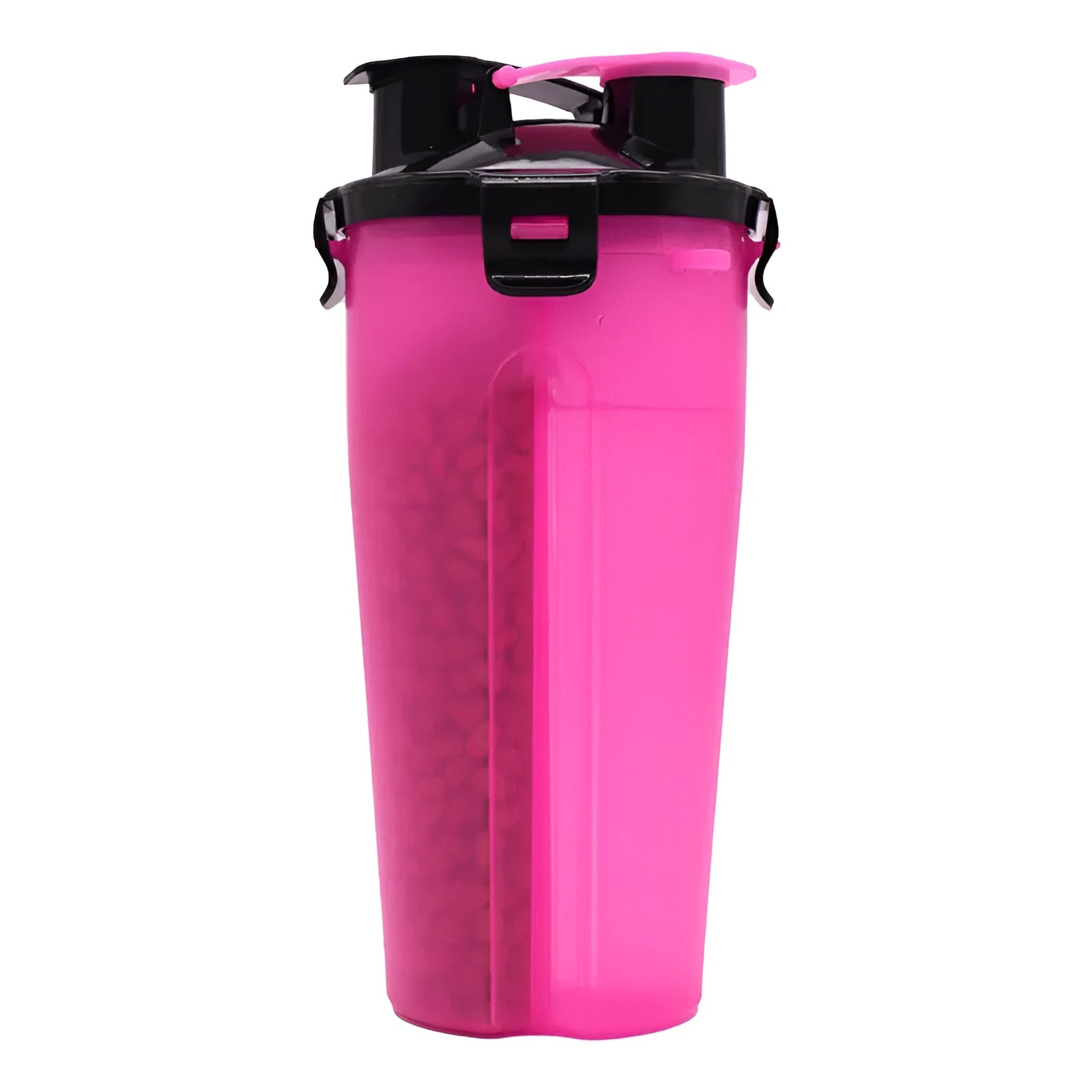 Portable pet water and food cup with two compartments showing water and food storage sections