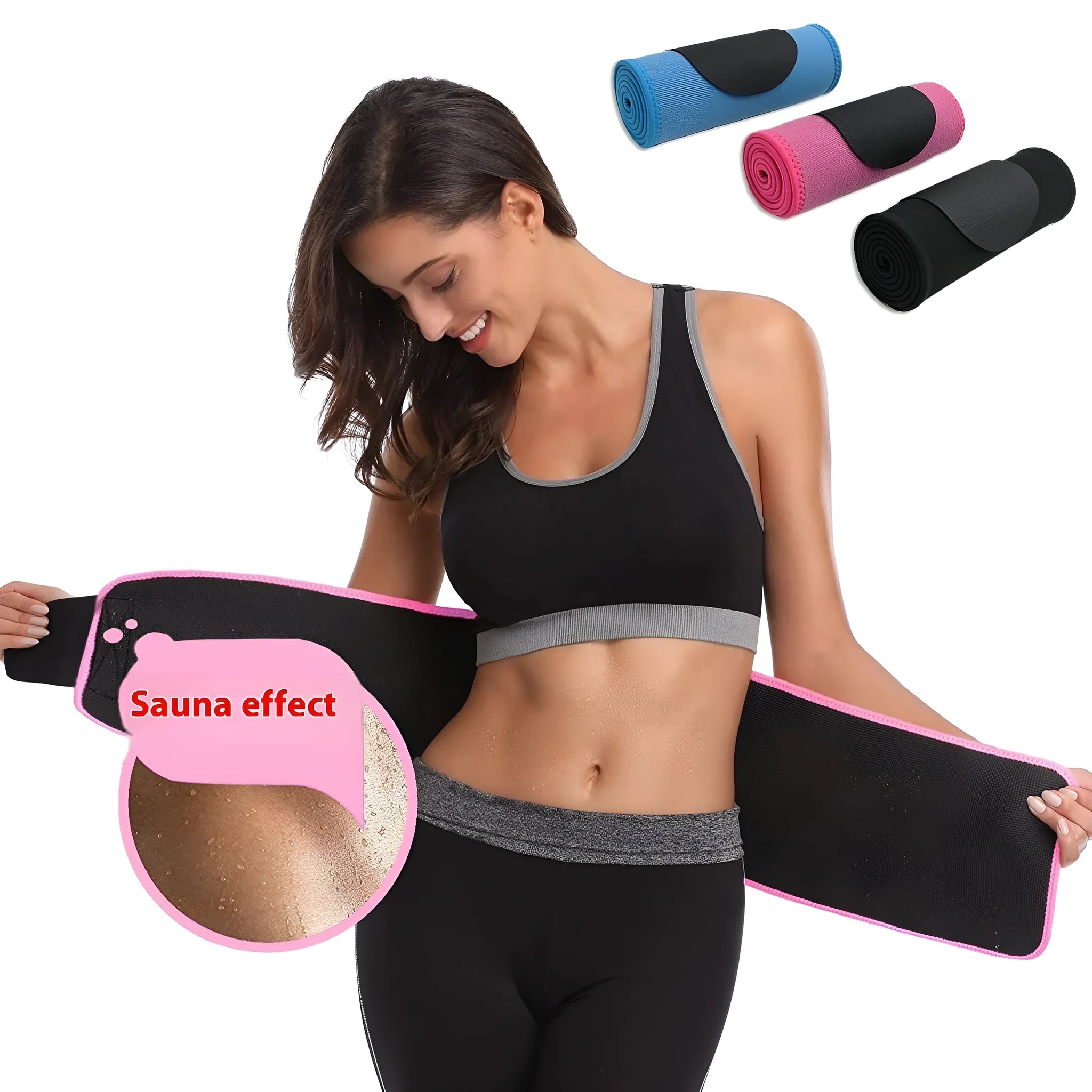 Black neoprene lumbar support waist belt for fitness and running sports.