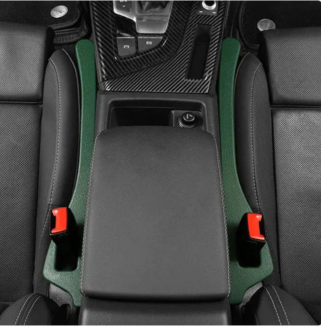 Polyurethane car seat gap filler strip in black colour, shown next to a vehicle centre console.