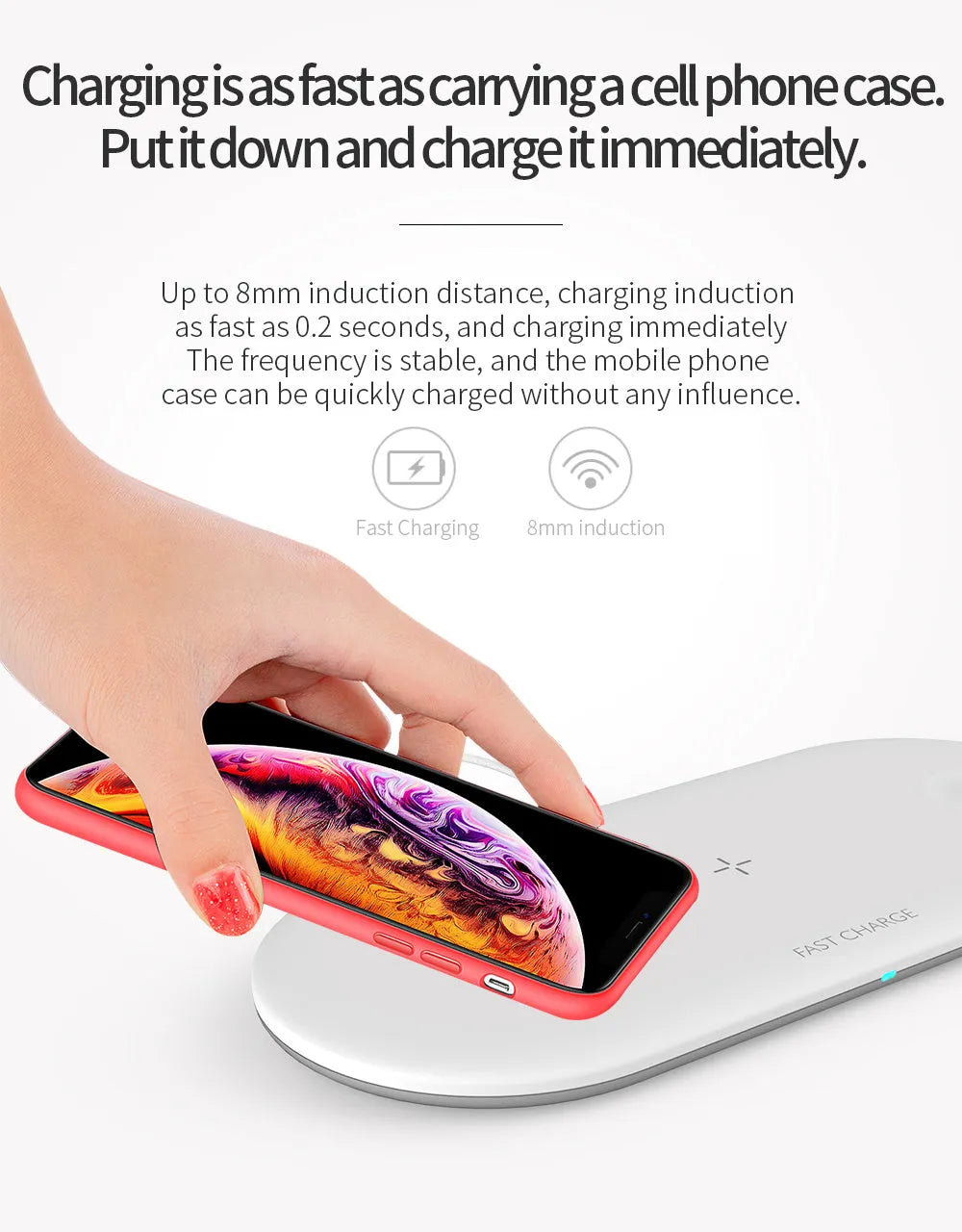 Black three-in-one wireless charging dock for iPhone, Apple Watch and wireless earbuds on a desk