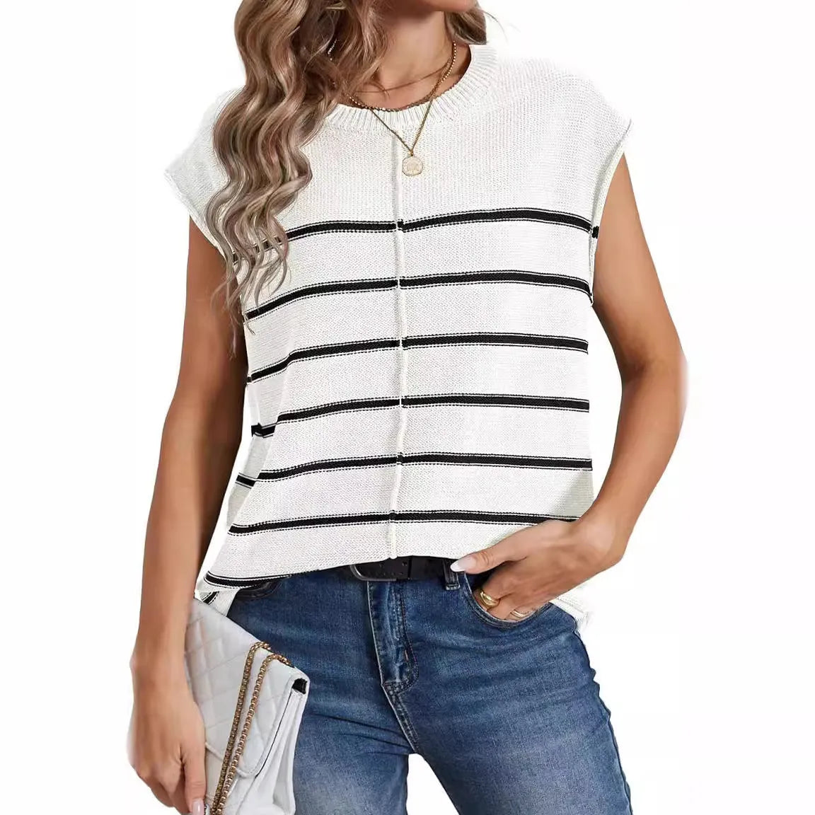 Women's striped sleeveless vest pullover with bone stitching detail in acrylic knit fabric