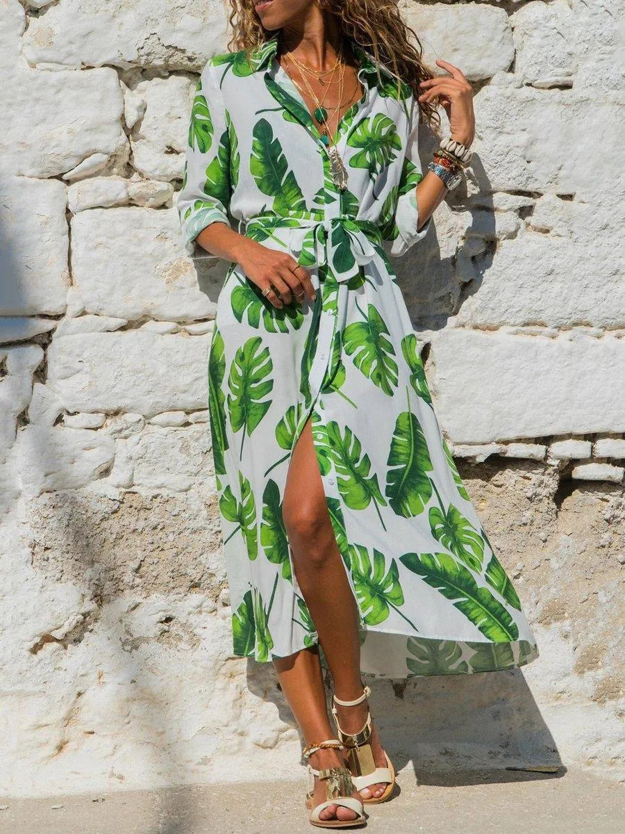 Printed chiffon dress with V-neck collar and conventional sleeves in A-line silhouette