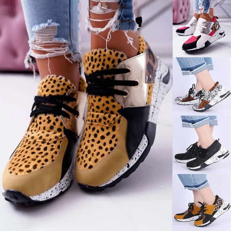 Women's casual flat sneakers with wedge heel in breathable fabric and suede, available in black, pink, and animal prints.